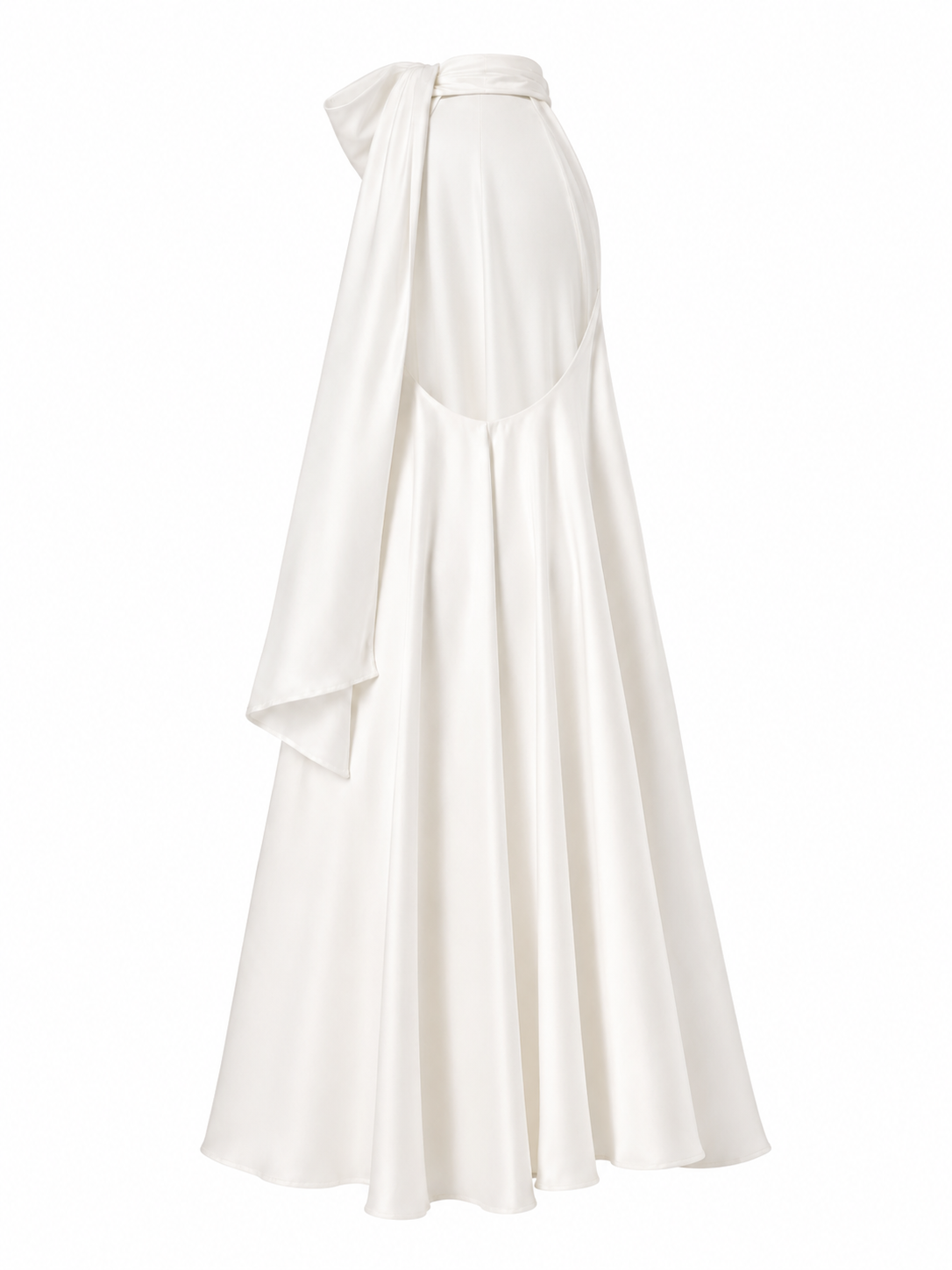 An white cotton maxi dress with a draped one-shoulder design, a matching tie belt at the waist, and a flared skirt, shown against a plain white background.