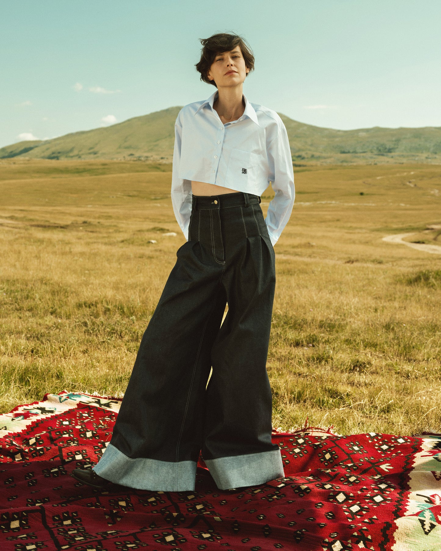 Wide leg denim trousers