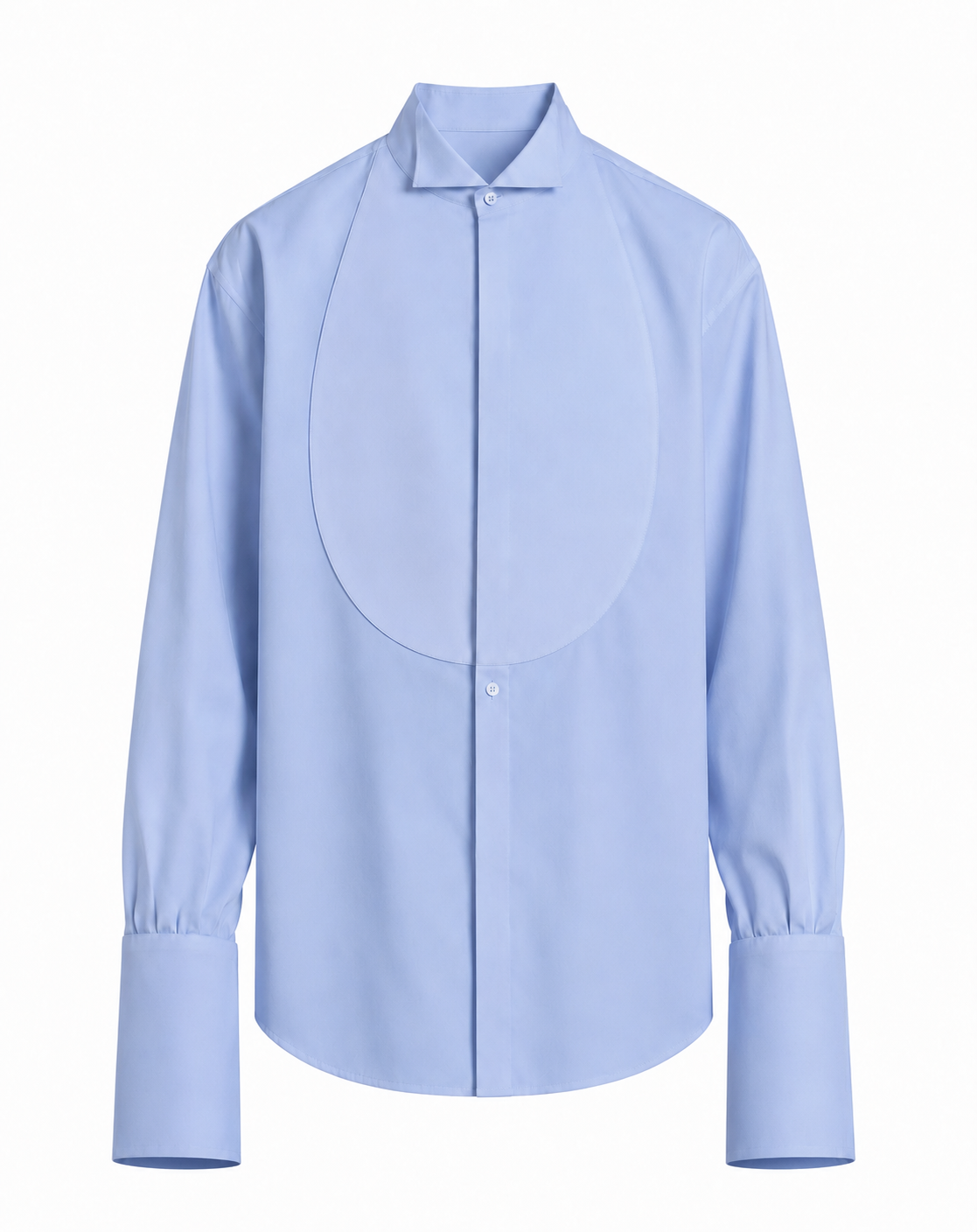 A light blue long-sleeve button-up shirt with a unique structured collar and a large, integrated oval yoke panel on the chest, displayed against a solid white background.
