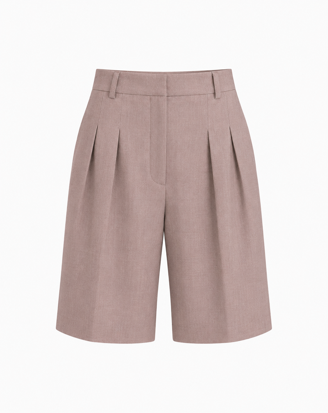 A pair of high-waisted, wide-leg shorts in a dusty rose or mauve color, featuring pleated detailing on the front and a belt loop waistband, shown against a plain white background.