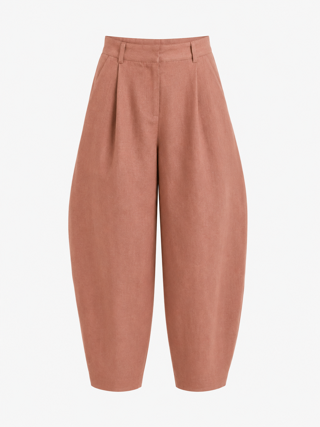 A pair of high-waisted, wide-leg cropped trousers in a dusty rose or terracotta color, shown against a plain white background.
