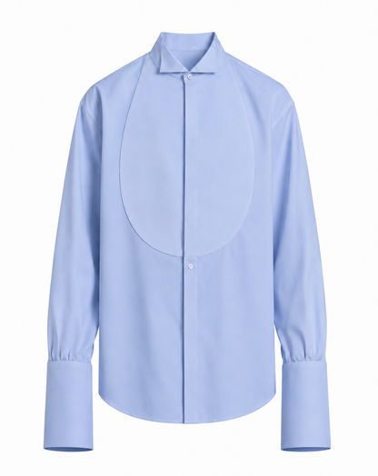 A light blue long-sleeve button-up shirt with a unique structured collar and a large, integrated oval yoke panel on the chest, displayed against a solid white background.