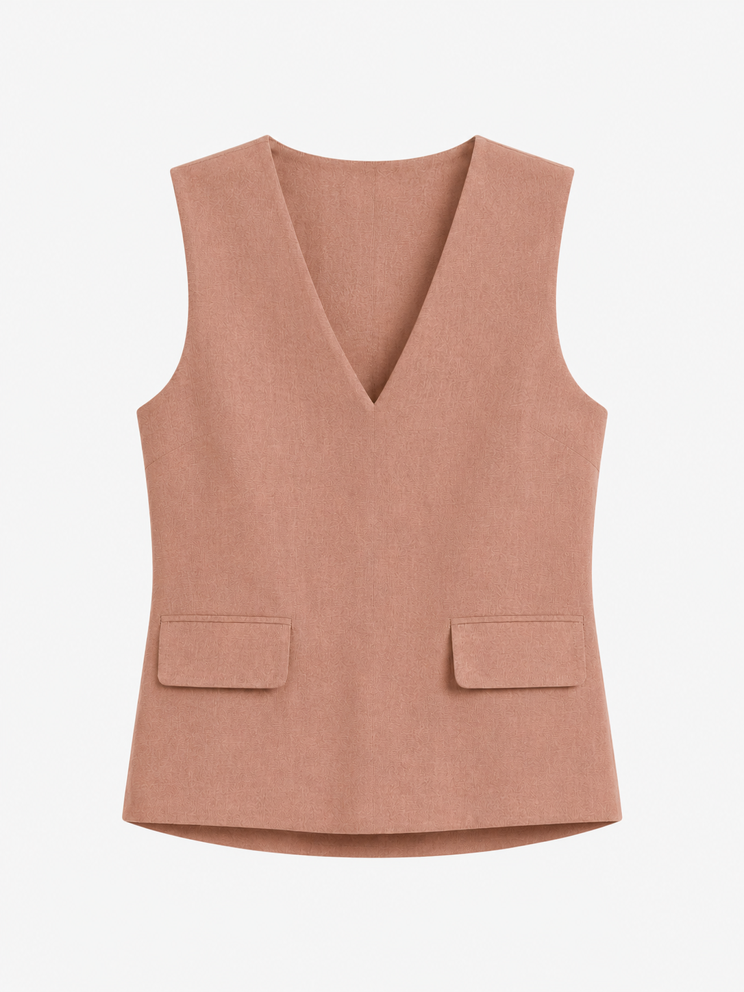 A sleeveless dusty rose vest with a V-neckline and two front flap pockets, shown flat against a light gray background.