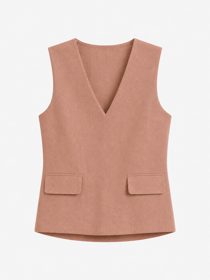 A sleeveless dusty rose vest with a V-neckline and two front flap pockets, shown flat against a light gray background.