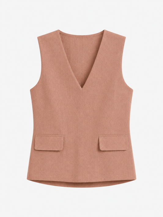 A sleeveless dusty rose vest with a V-neckline and two front flap pockets, shown flat against a light gray background.
