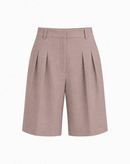 A pair of high-waisted, wide-leg shorts in a dusty rose or mauve color, featuring pleated detailing on the front and a belt loop waistband, shown against a plain white background.