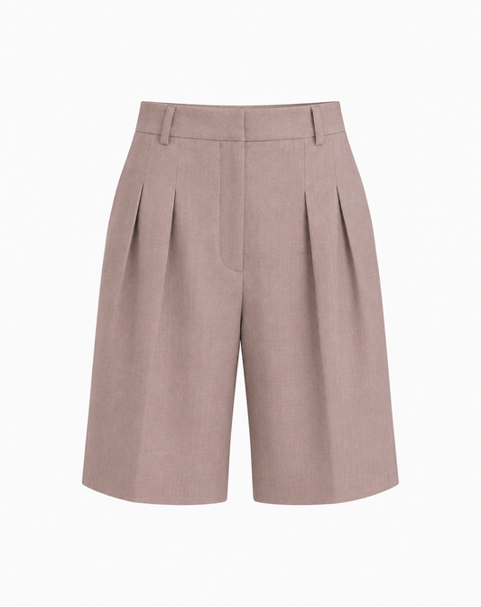 A pair of high-waisted, wide-leg shorts in a dusty rose or mauve color, featuring pleated detailing on the front and a belt loop waistband, shown against a plain white background.
