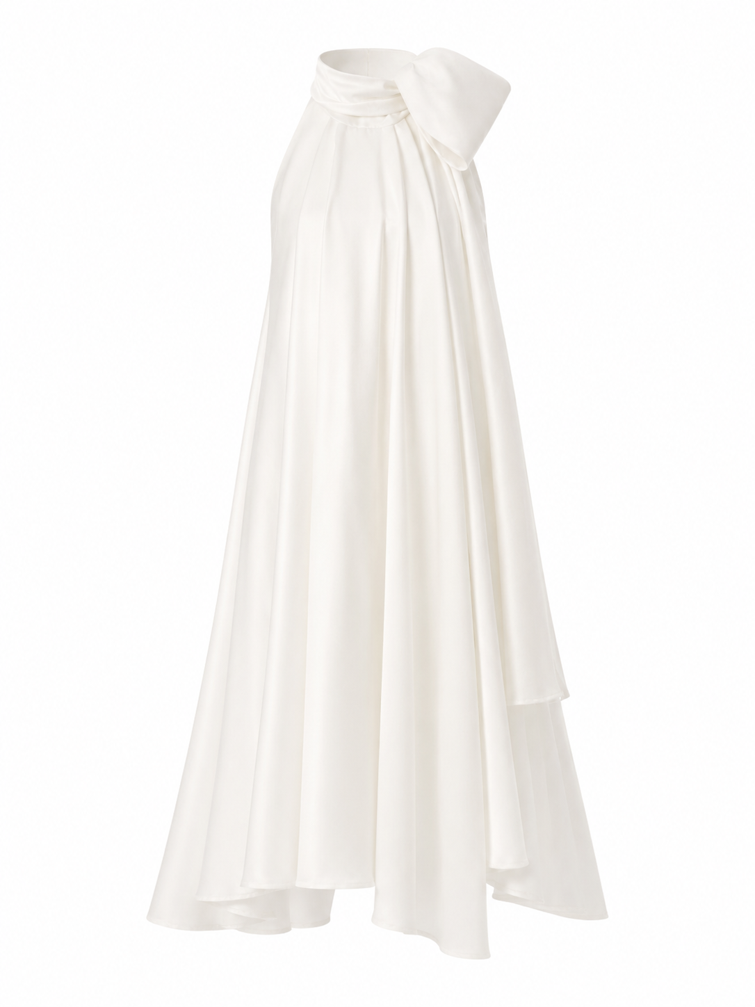 An off-white, one-shoulder midi dress with a high waist, a large bow detail on the shoulder, and a flowing skirt, shown against a plain white background.