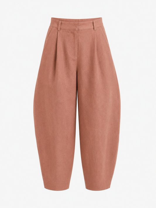 A pair of high-waisted, wide-leg cropped trousers in a dusty rose or terracotta color, shown against a plain white background.