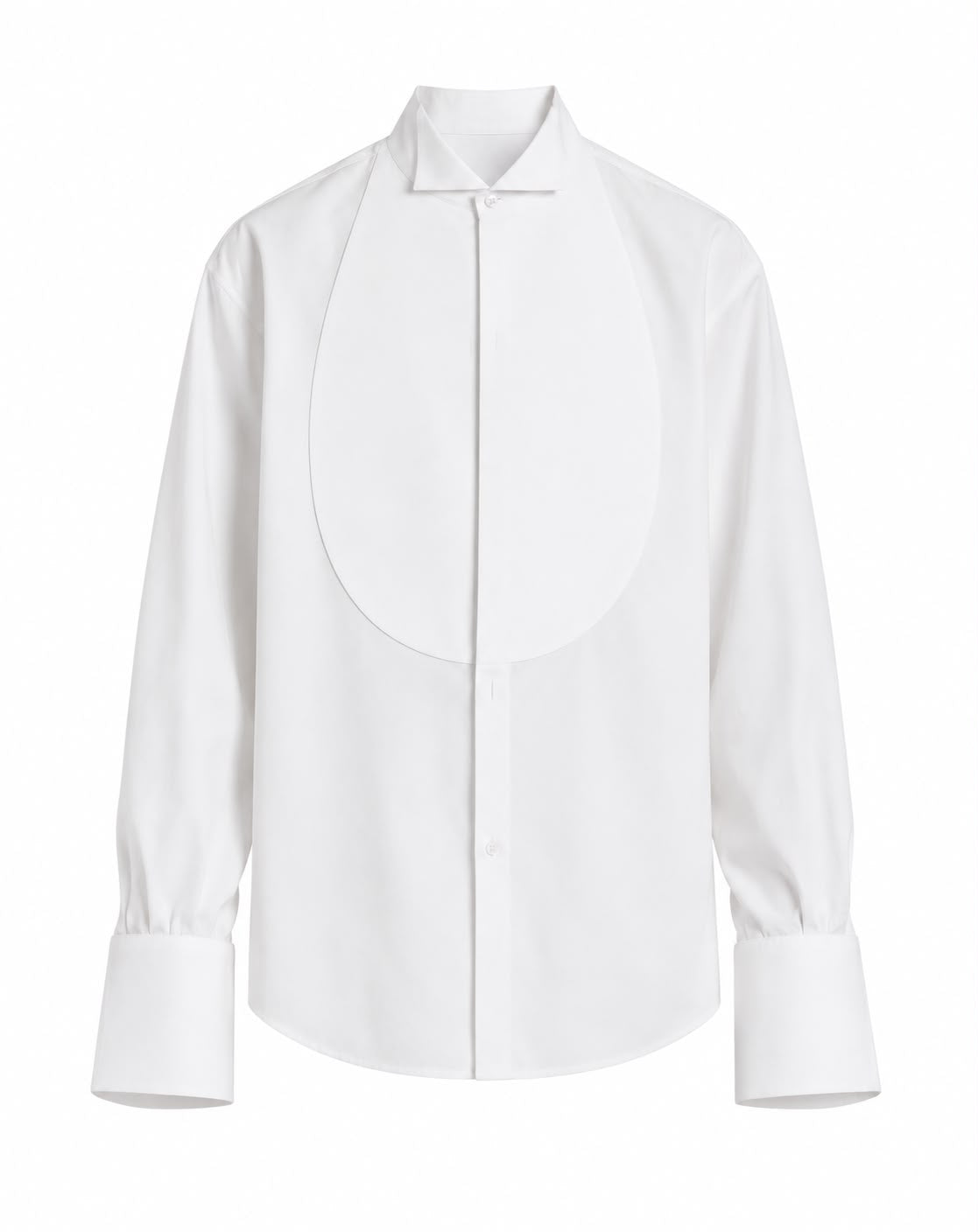 A white long-sleeve formal shirt with a unique structured collar and a large, asymmetrical oval pleated front panel, shown against a plain white background.