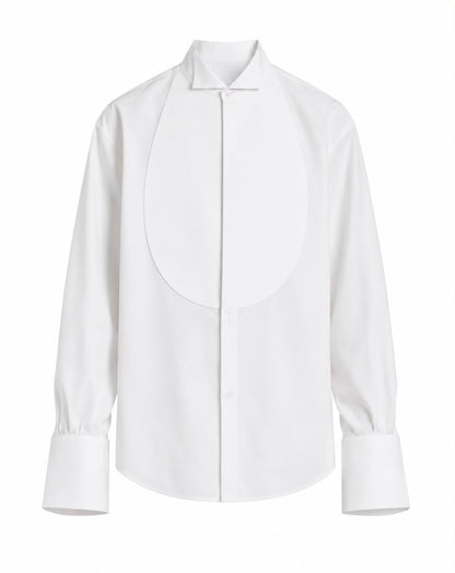 A white long-sleeve formal shirt with a unique structured collar and a large, asymmetrical oval pleated front panel, shown against a plain white background.